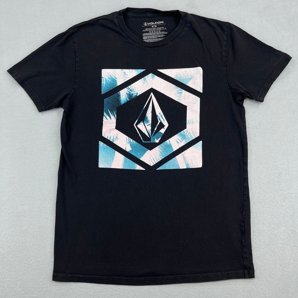 Volcom Mens Black Graphic T-Shirt Palm Tree Geometric Logo Size Medium Cotton